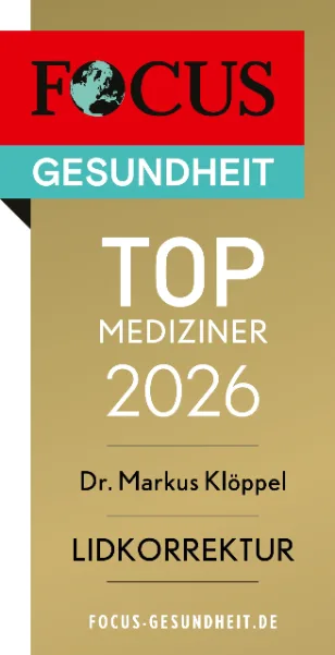 Auszeichnung als Top Mediziner 2026 für Lidkorrektur Dr. Markus Klöppel als Top Mediziner 2026 für Lidkorrektur ausgezeichnet von FOCUS Gesundheit.