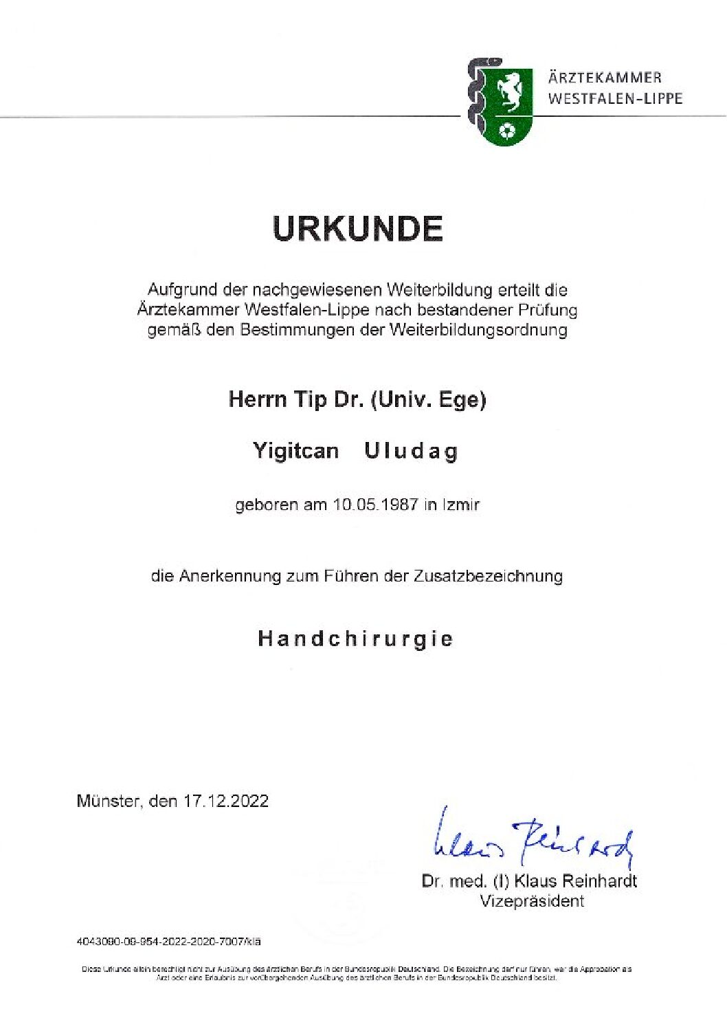Anerkennung Zusatzbezeichnung als Handchirurg - Dr. Yigictan Uludag Urkunde Ärztekammer