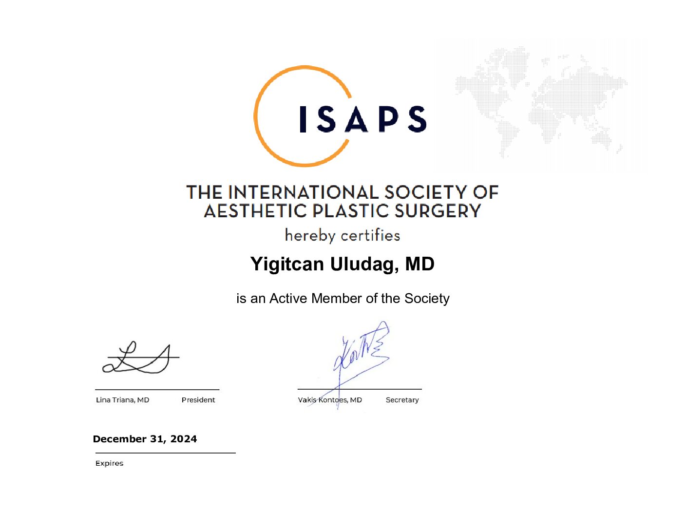 ISAPS Mitgliedschaft - Dr. Yigitcan Uludag
