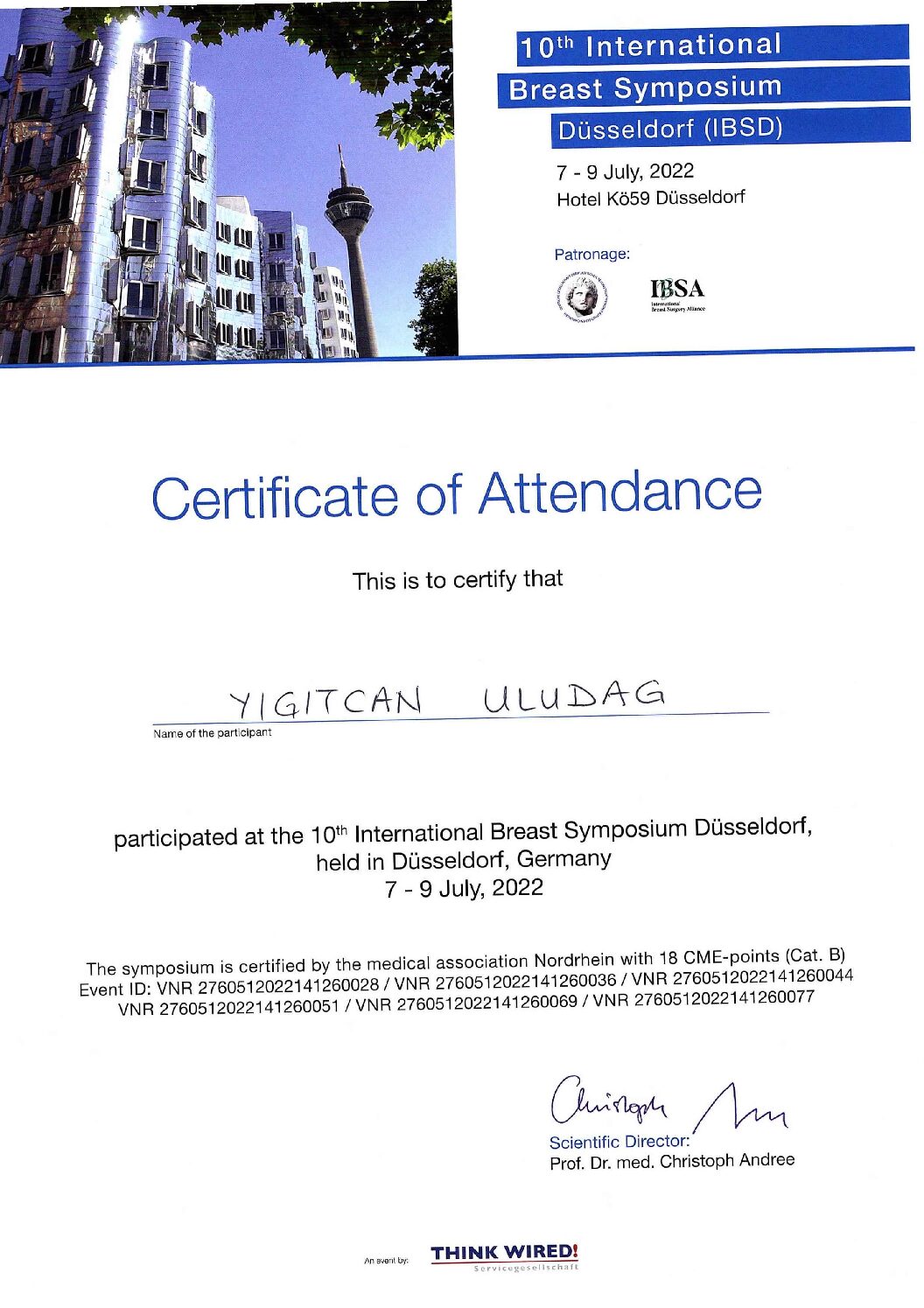 International Breast Symposium Certificate für Dr. Uludag