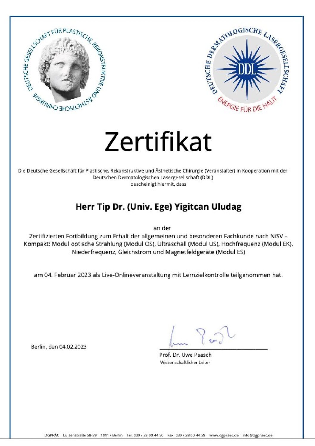 Zertifikat NiSV Fackunde DGPRAEC - Dr. Yigitcan Uludag