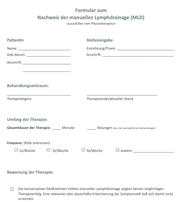 Nachweis Formular für manuelle Lymphdrainage