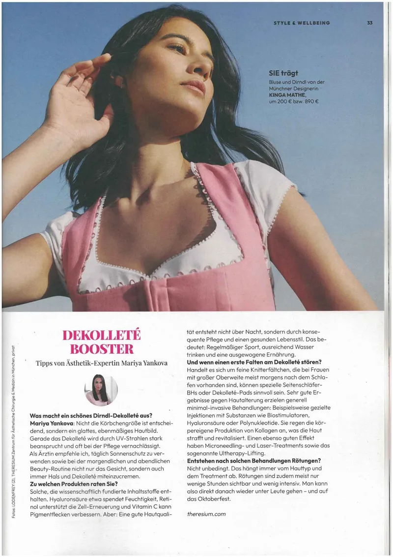 Artikel Dekolleté Booster in der VIVA MONACO (PDF öffnen) Magazinseite VIVA MONACO Sommer 2026 mit dem Interview Dekolleté Booster von Mariya Yankova MD