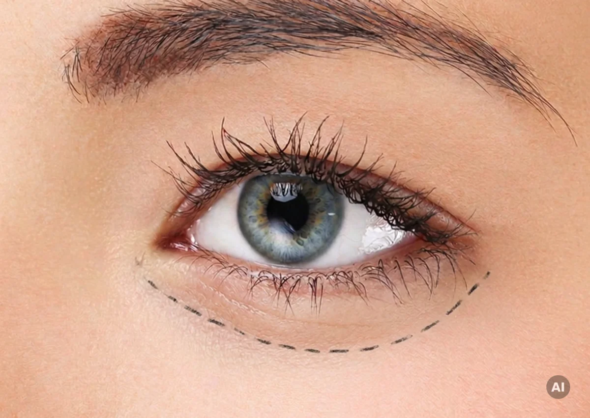 Unterlidstraffung München: Schnittführung unter dem Wimpernkranz Eingezeichnete Schnittführung unter dem Wimpernkranz für eine Unterlidstraffung in München