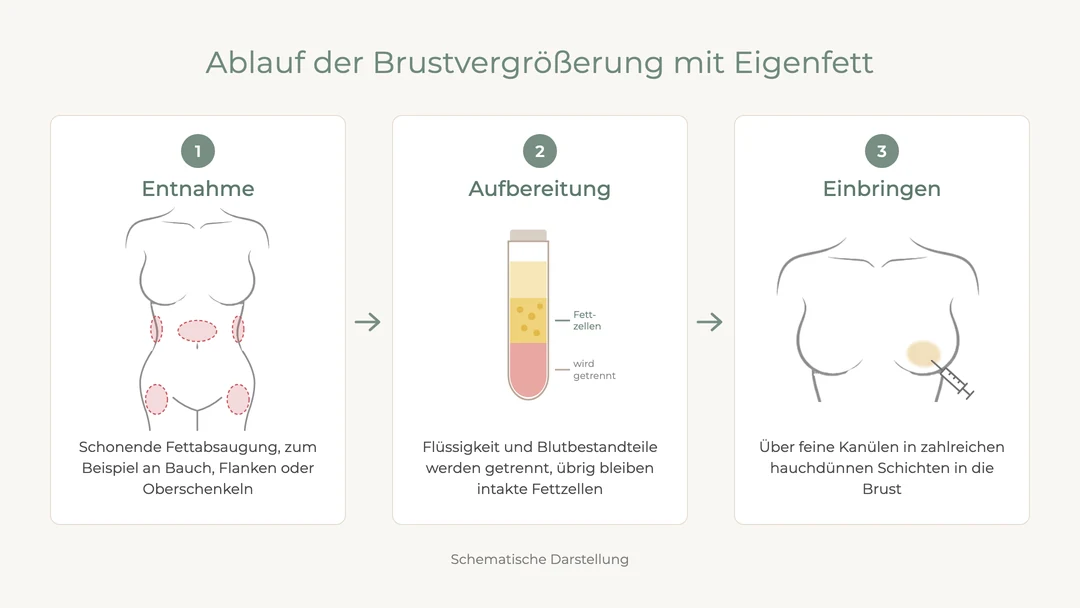 Ablauf der Brustvergrößerung mit Eigenfett in drei Schritten mit Entnahme, Aufbereitung und Einbringen