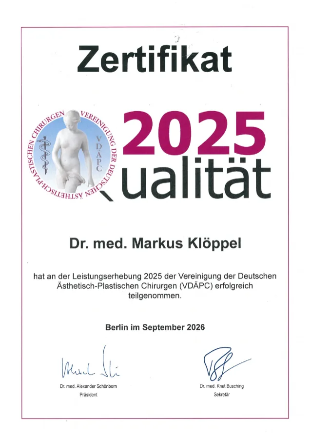 VDÄPC-Qualitätssiegel 2025, Teilnahme an der Leistungserhebung VDÄPC-Qualitätssiegel 2025: Zertifikat über die Teilnahme von Dr. med. Markus Klöppel an der Leistungserhebung der VDÄPC
